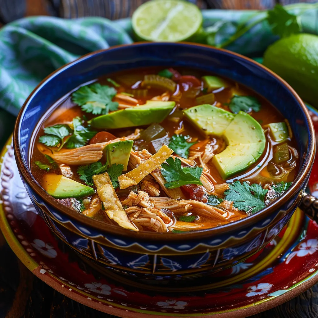 A bold chicken tortilla soup topped with avocado, lime, and crispy tortilla strips.