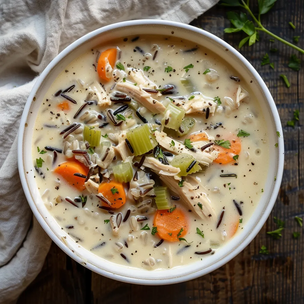 A bowl of creamy chicken and wild rice soup with tender chicken, vegetables, and herbs on a rustic table.