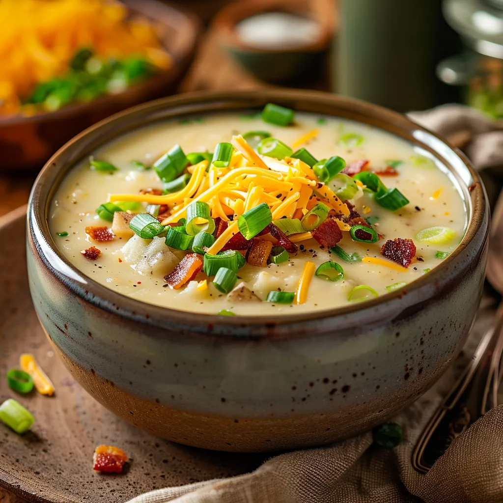 A comforting bowl of creamy potato soup topped with cheese, green onions, and crisp garnish.