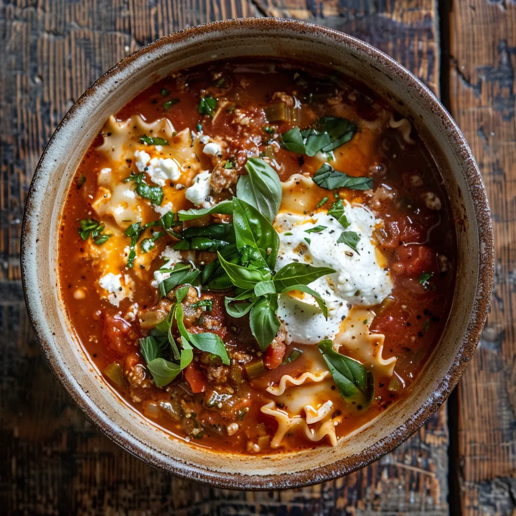 A cozy bowl of easy lasagna soup with tomato broth, noodles, ricotta, and basil, served in a rustic bowl on a wooden table.