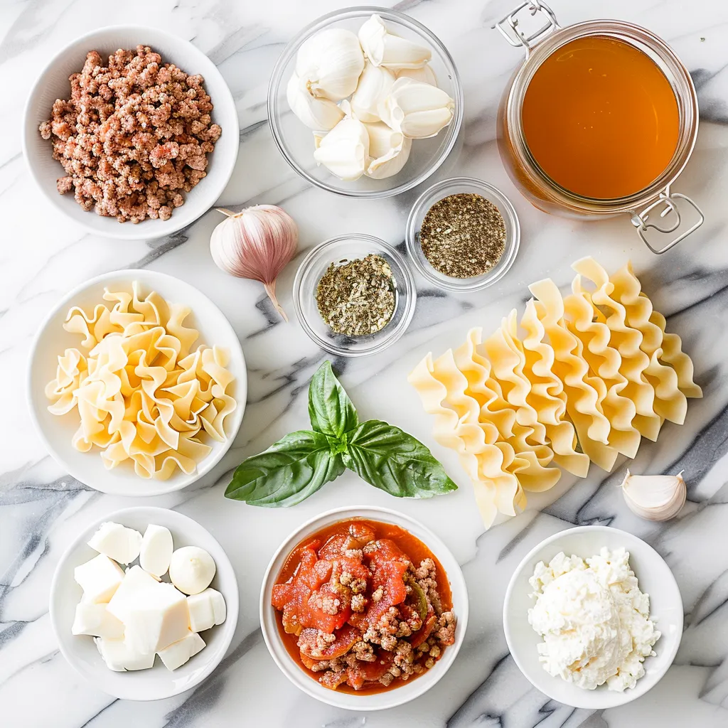 Flat lay of easy lasagna soup ingredients including noodles, tomatoes, garlic, cheese, broth, and herbs on a white marble surface.