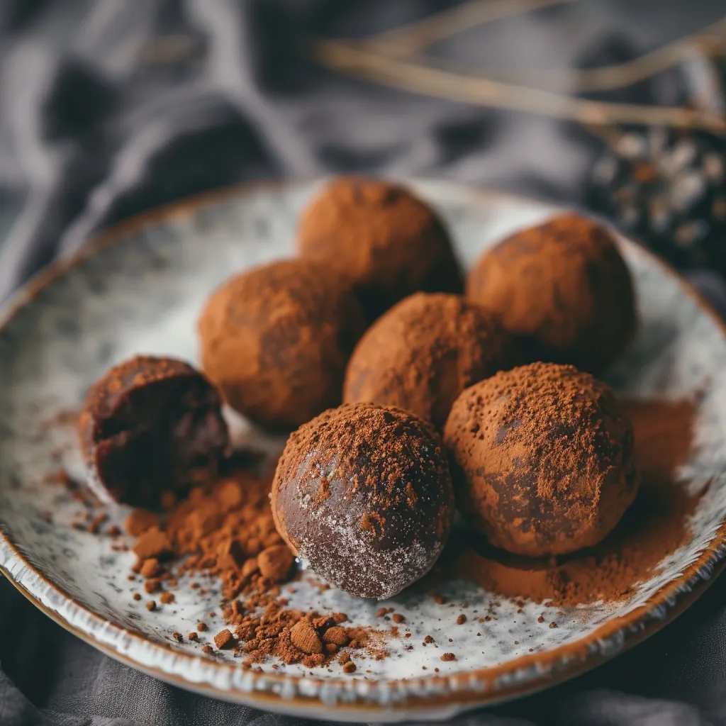 Dark chocolate avocado truffles dusted with cocoa powder on a ceramic plate, styled for a wholesome winter dessert.