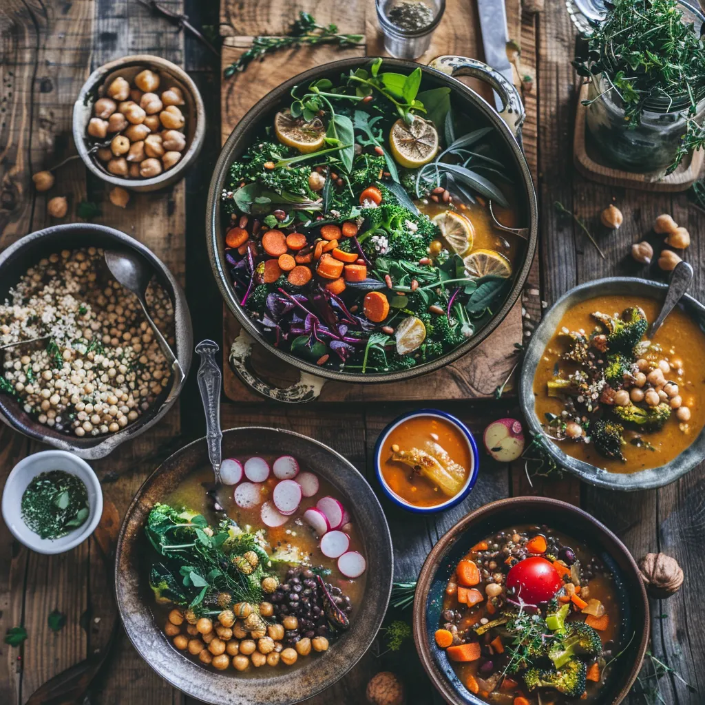 A cozy table spread with assorted healthy winter meals like lentil soup, roasted vegetables, and grain bowls, styled for winter.