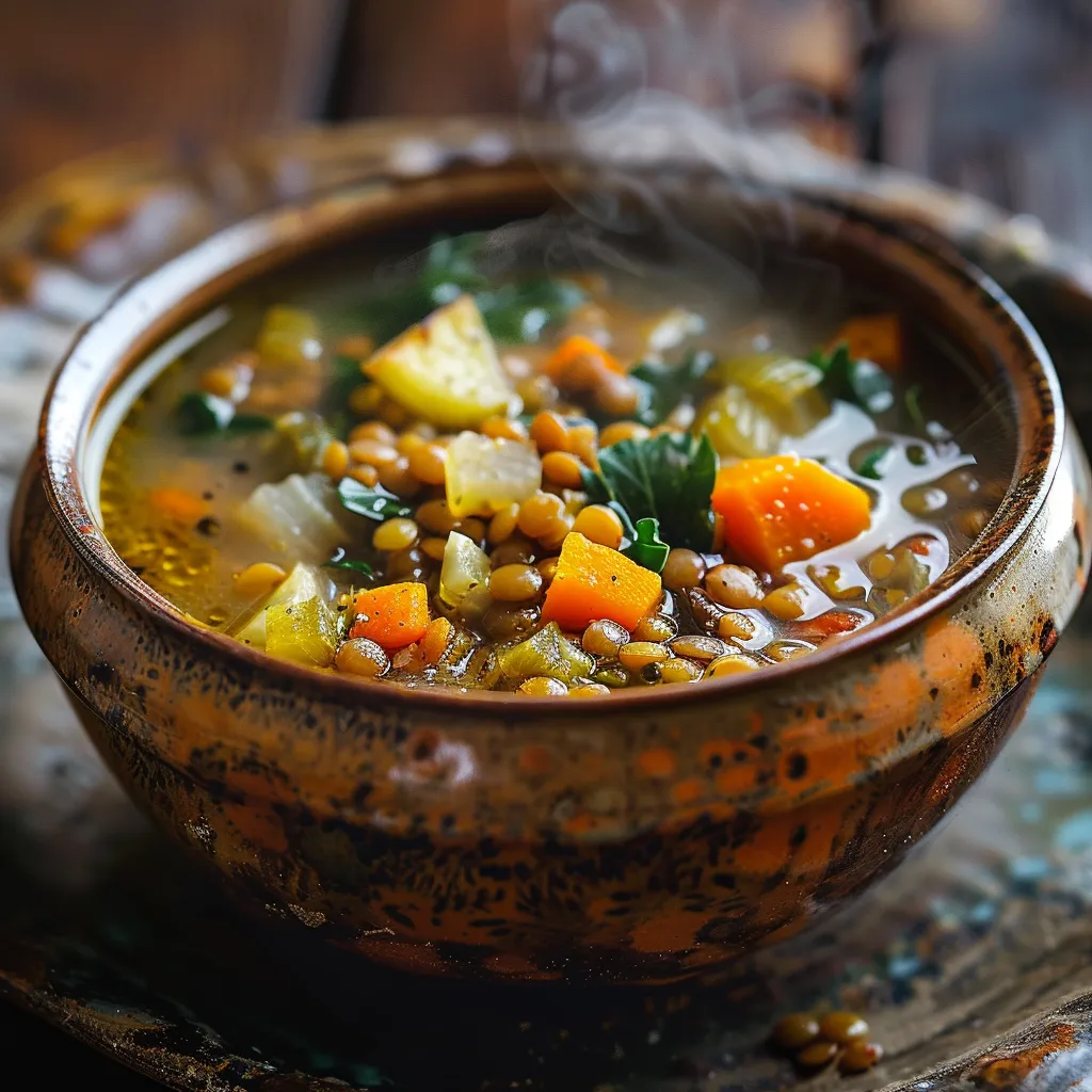 Steaming bowl of vegetable lentil soup with root vegetables, served in a rustic bowl on a winter-themed table.