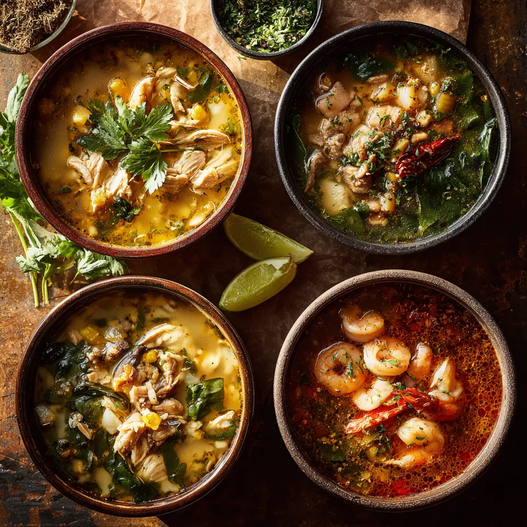 A flat lay showcasing four bowls of high protein soup recipes — chicken, vegetarian, beef, and seafood — styled on a rustic wooden table.