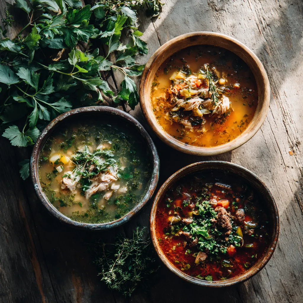 A flat lay of three bowls of high-protein soups — chicken, vegetarian, and beef — on a rustic wooden table with herbs and warm lighting