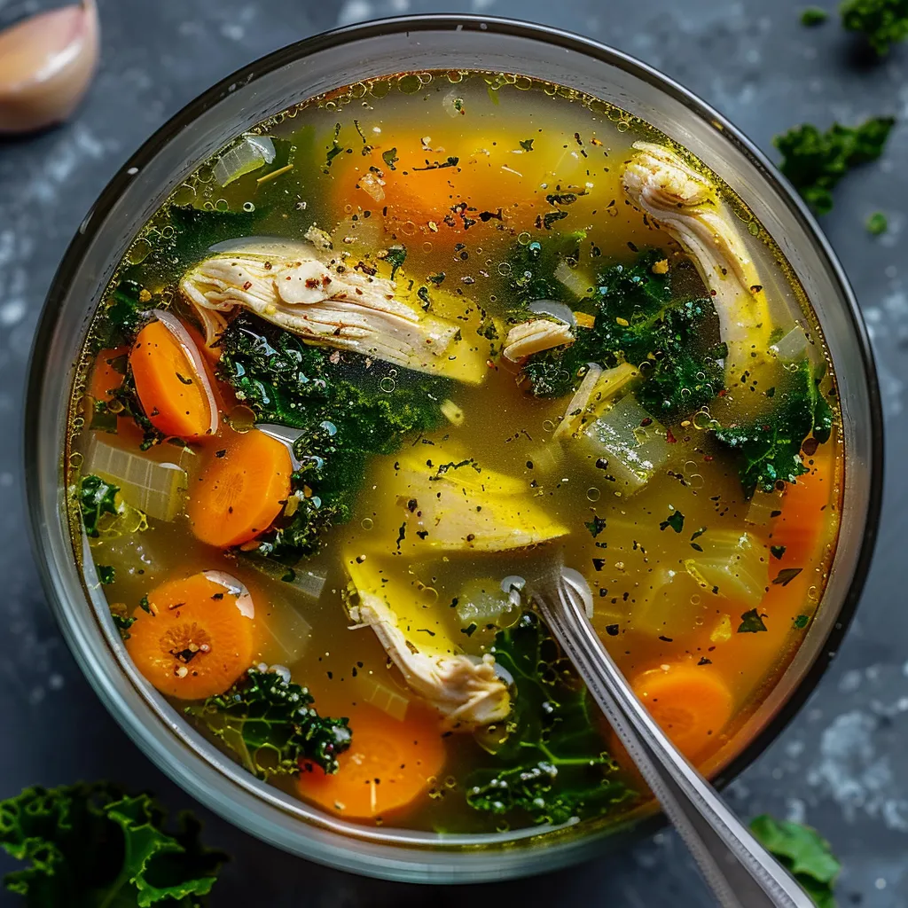 A light and vibrant immune-boosting chicken soup with fresh vegetables, herbs, and spices.
