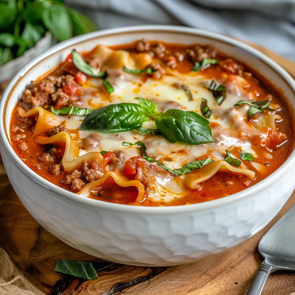 A deep bowl of lasagna soup with noodles, beef, cheese, and tomato sauce topped with basil.