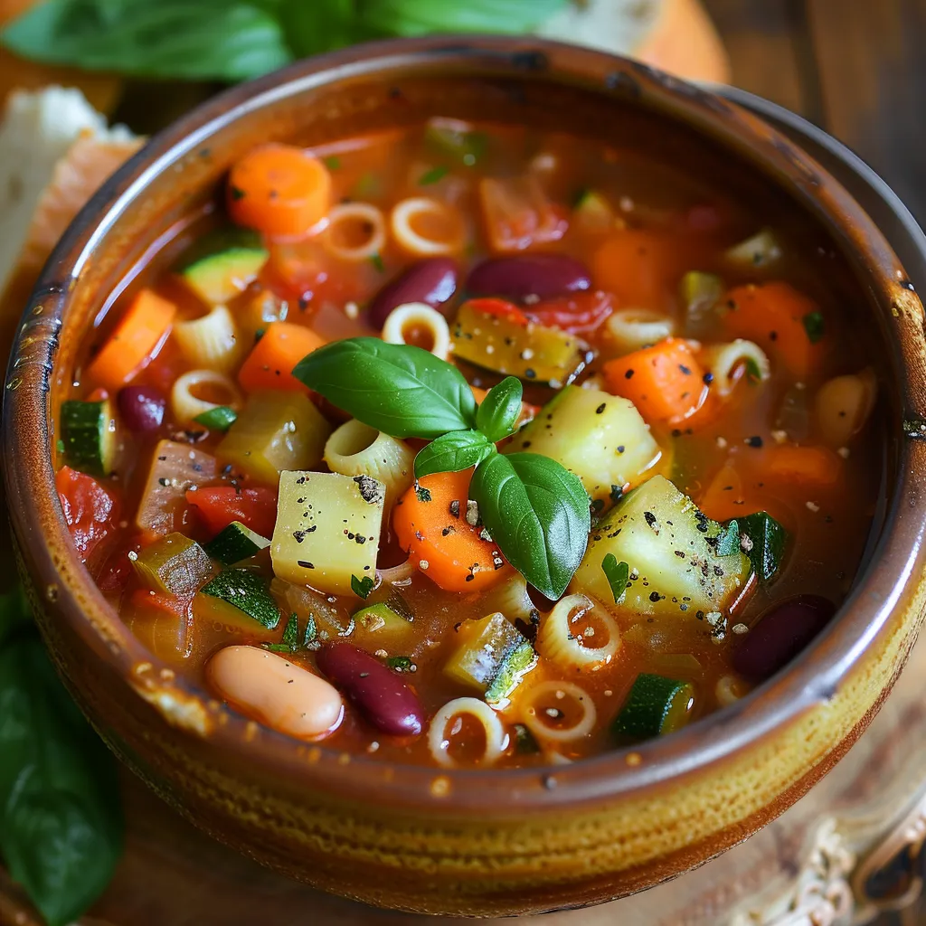 A bowl of classic minestrone soup filled with pasta, beans, and vegetables in tomato broth.