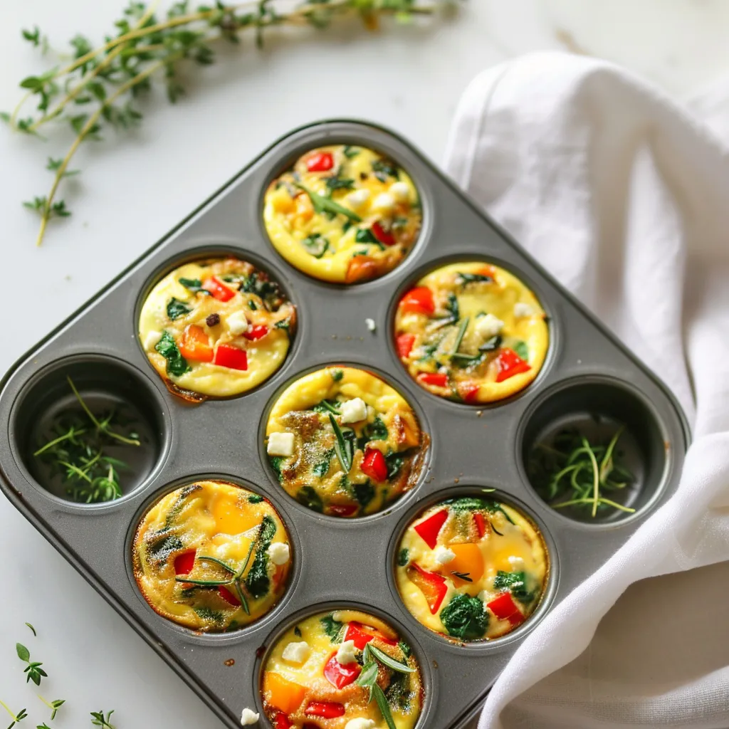 Mini egg muffins with spinach and vegetables in a muffin tray.