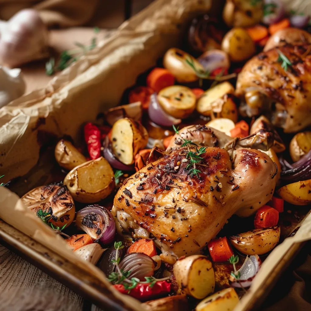 Healthy roasted chicken and winter vegetables traybake, freshly baked and served on a farmhouse-style wooden table.