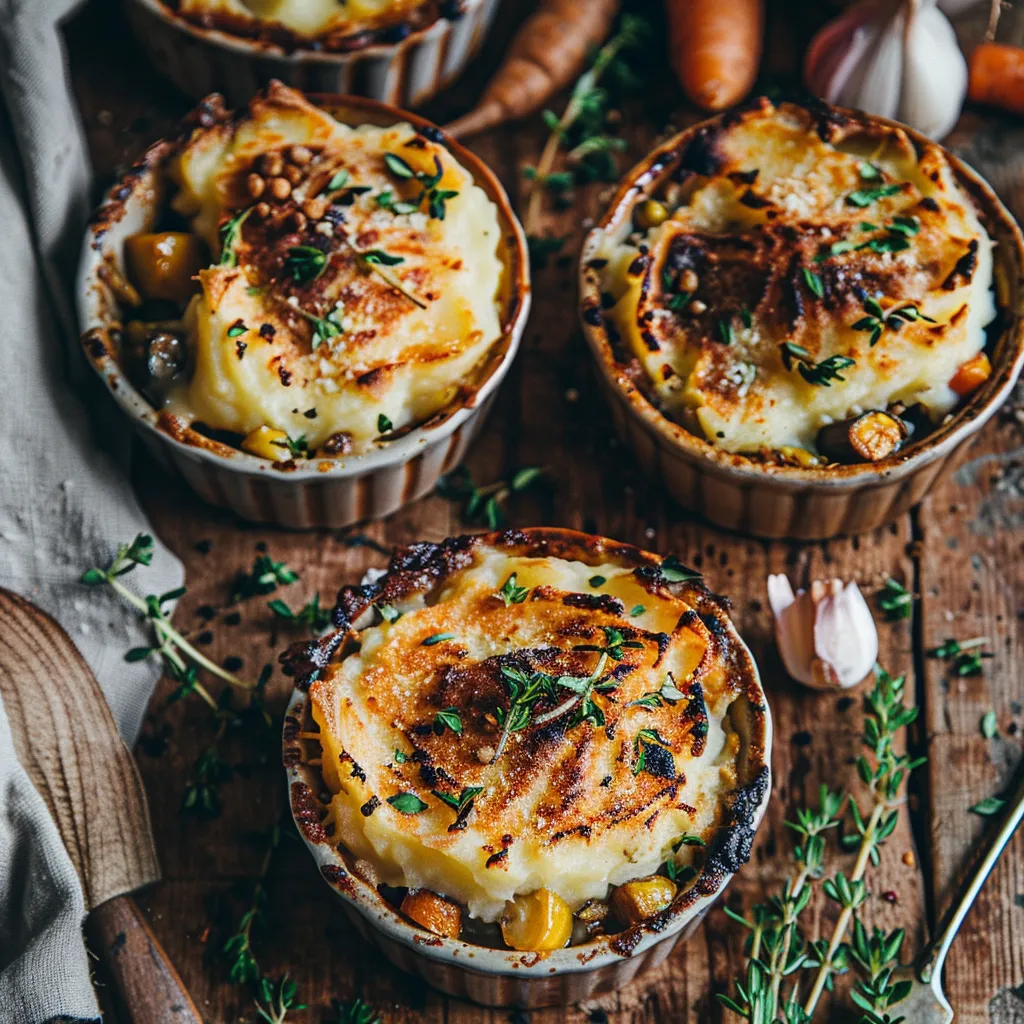 Vegan shepherd’s pie in ramekins with crispy potato topping, surrounded by fresh winter herbs and roasted vegetables.