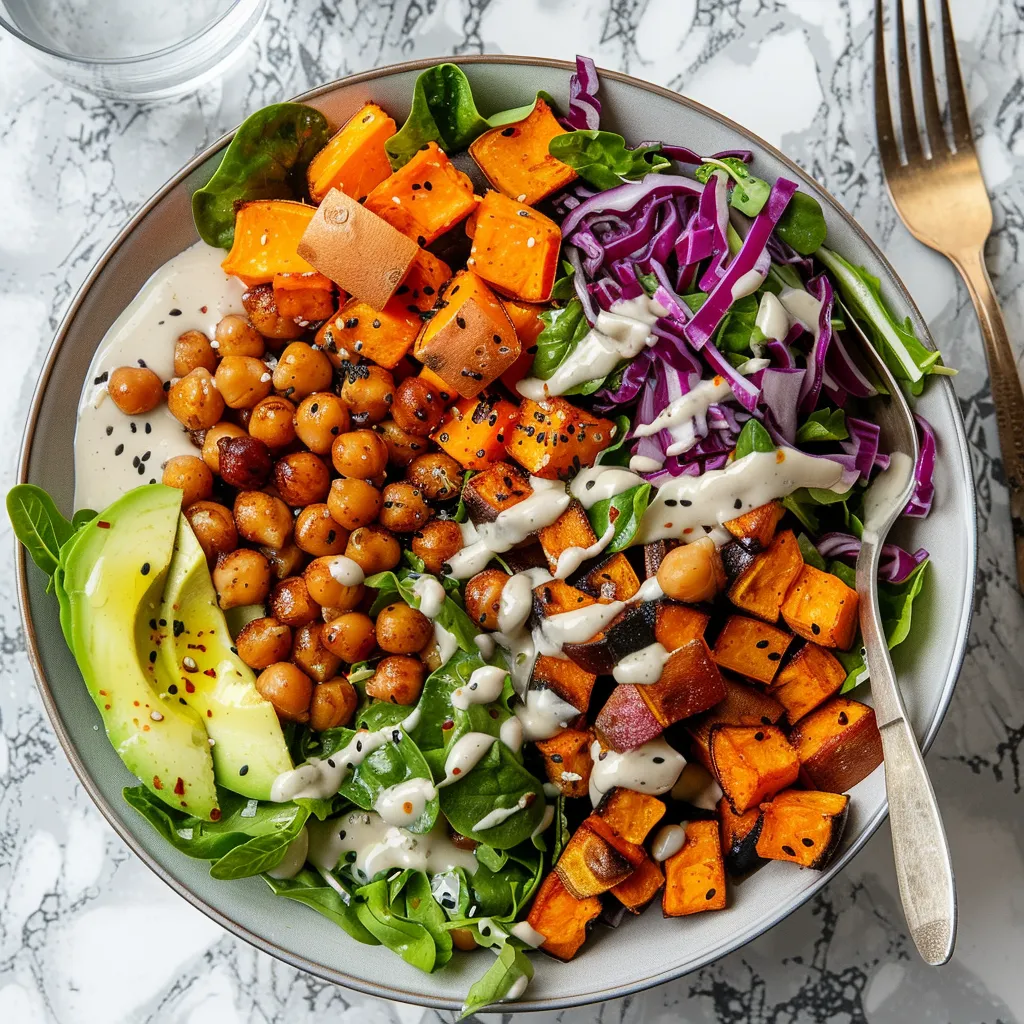 Colorful winter salad bowl with chickpeas, roasted sweet potatoes, and tahini dressing, served as a healthy lunch option