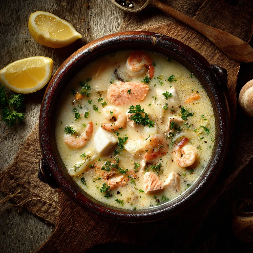 A comforting seafood-based high-protein soup with shrimp, salmon, and white fish in a light creamy broth, garnished with herbs and lemon slices