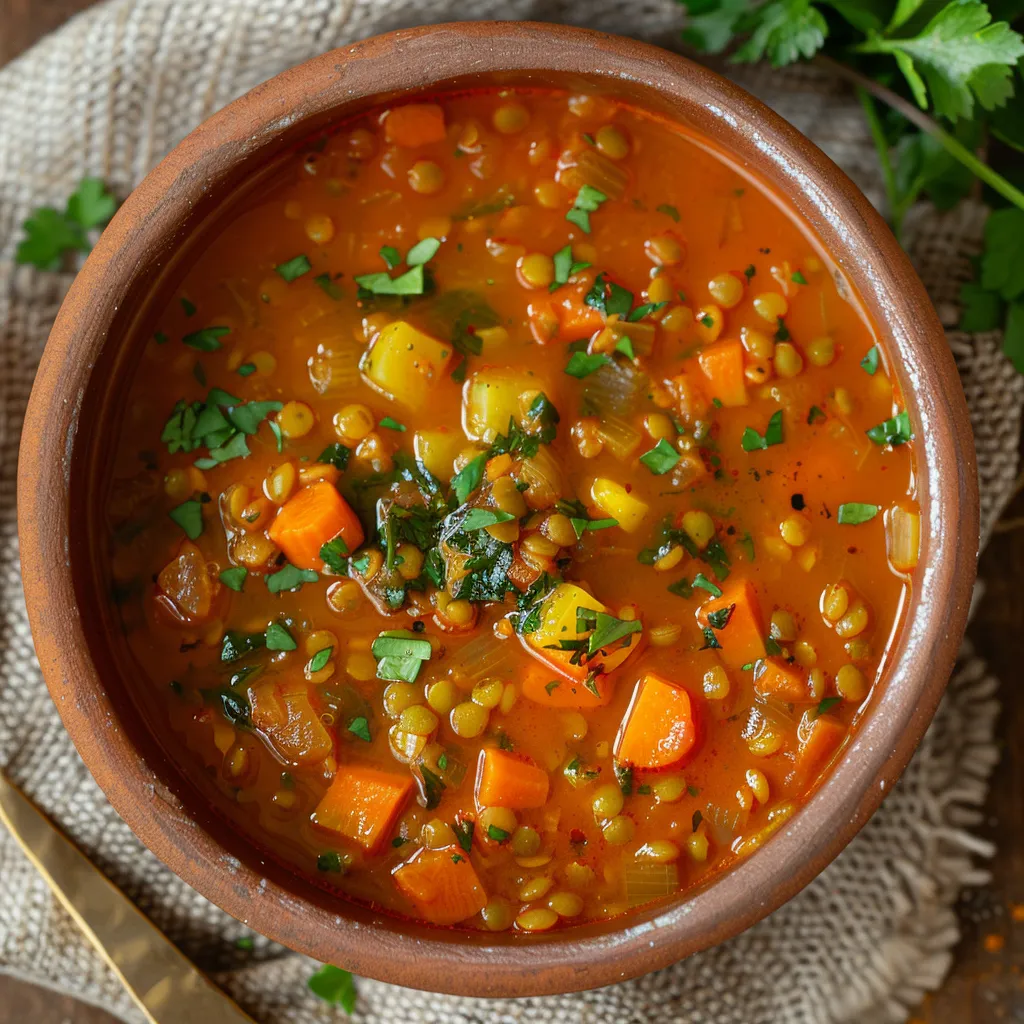 A hearty lentil and vegetable soup with colorful veggies and herbs in a thick tomato broth.