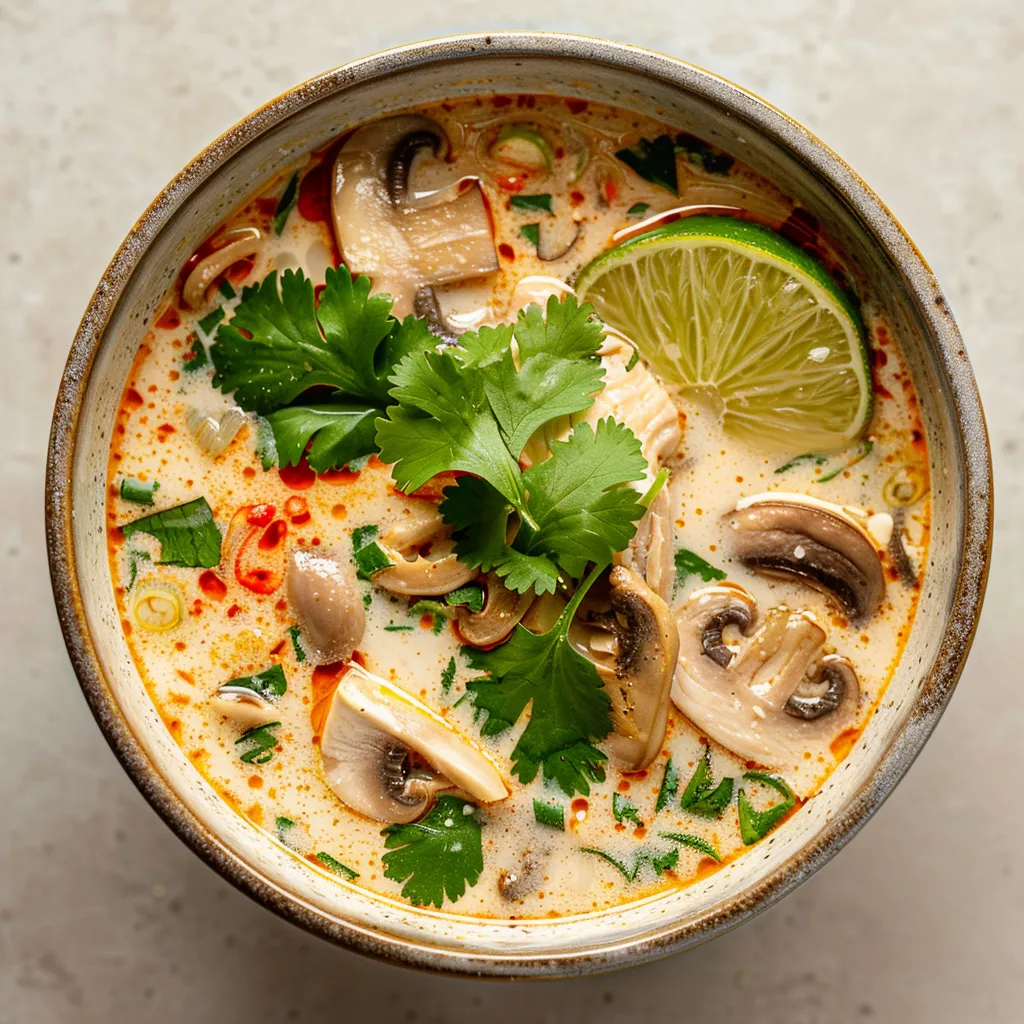 A fragrant Thai coconut chicken soup with lime, chili oil, and herbs in a ceramic bowl.