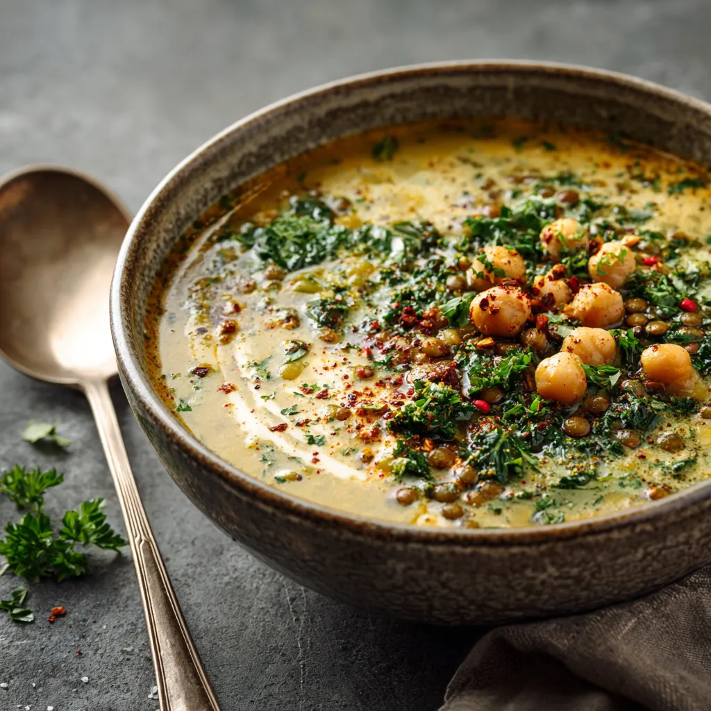 A hearty vegetarian high-protein soup made with lentils, spinach, and chickpeas, served in a ceramic bowl with herbs