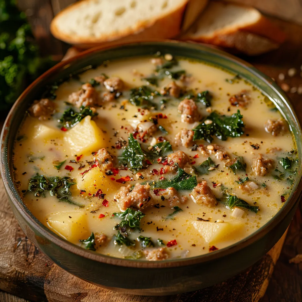 A creamy bowl of Zuppa Toscana soup with sausage, kale, and potatoes, served with bread.